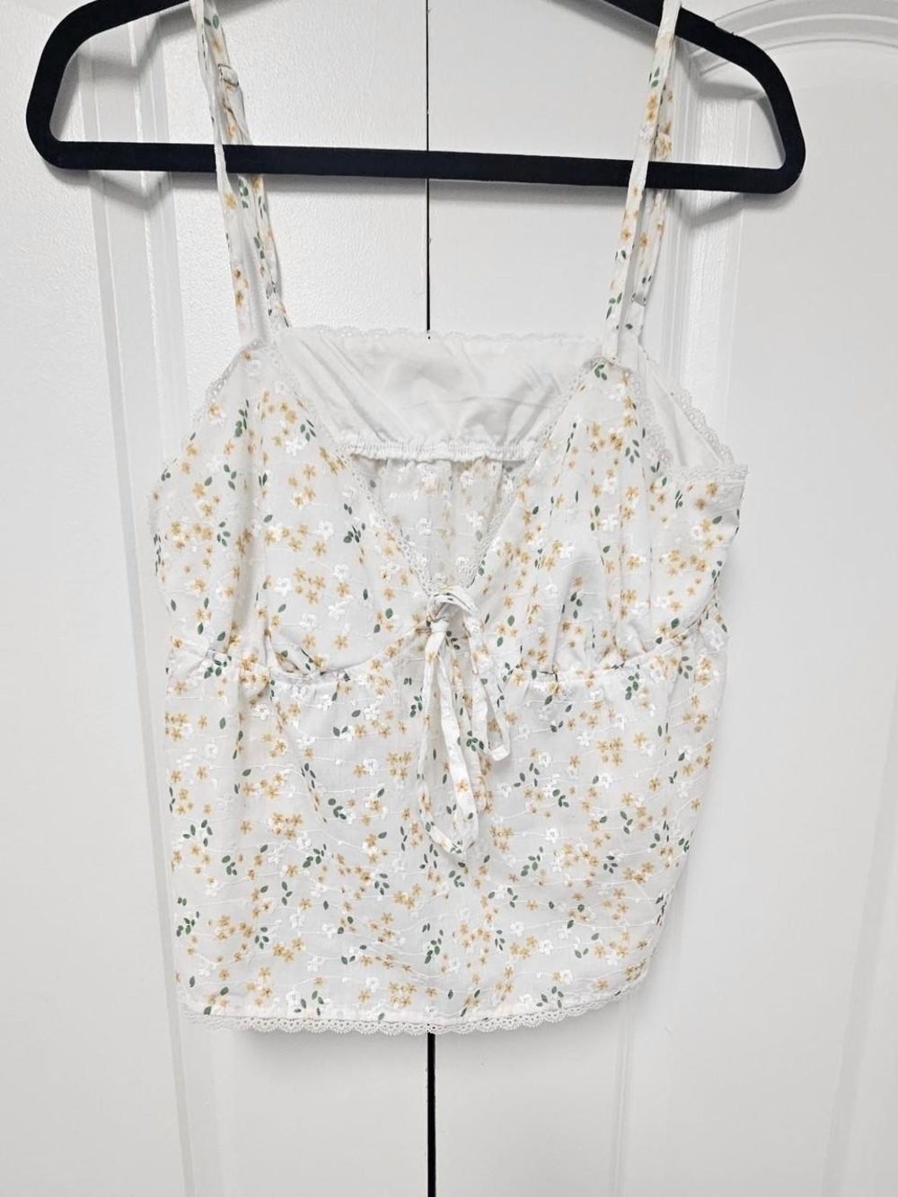 Floral Lace-Trim White Cami Top with Yellow & Green Print (With Free A GIFT)